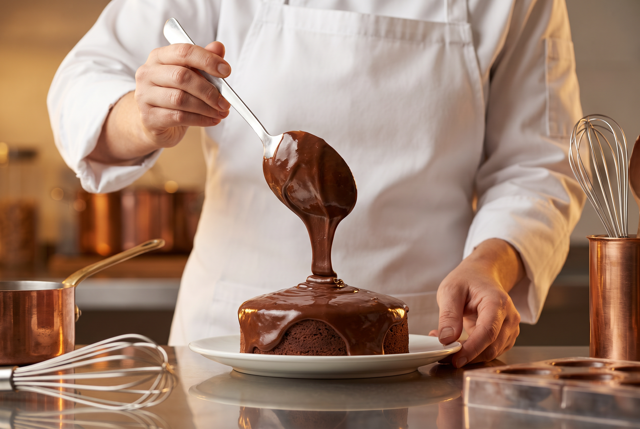 Profissional de confeitaria aplicando cobertura derretida sobre peças em bancada de produção