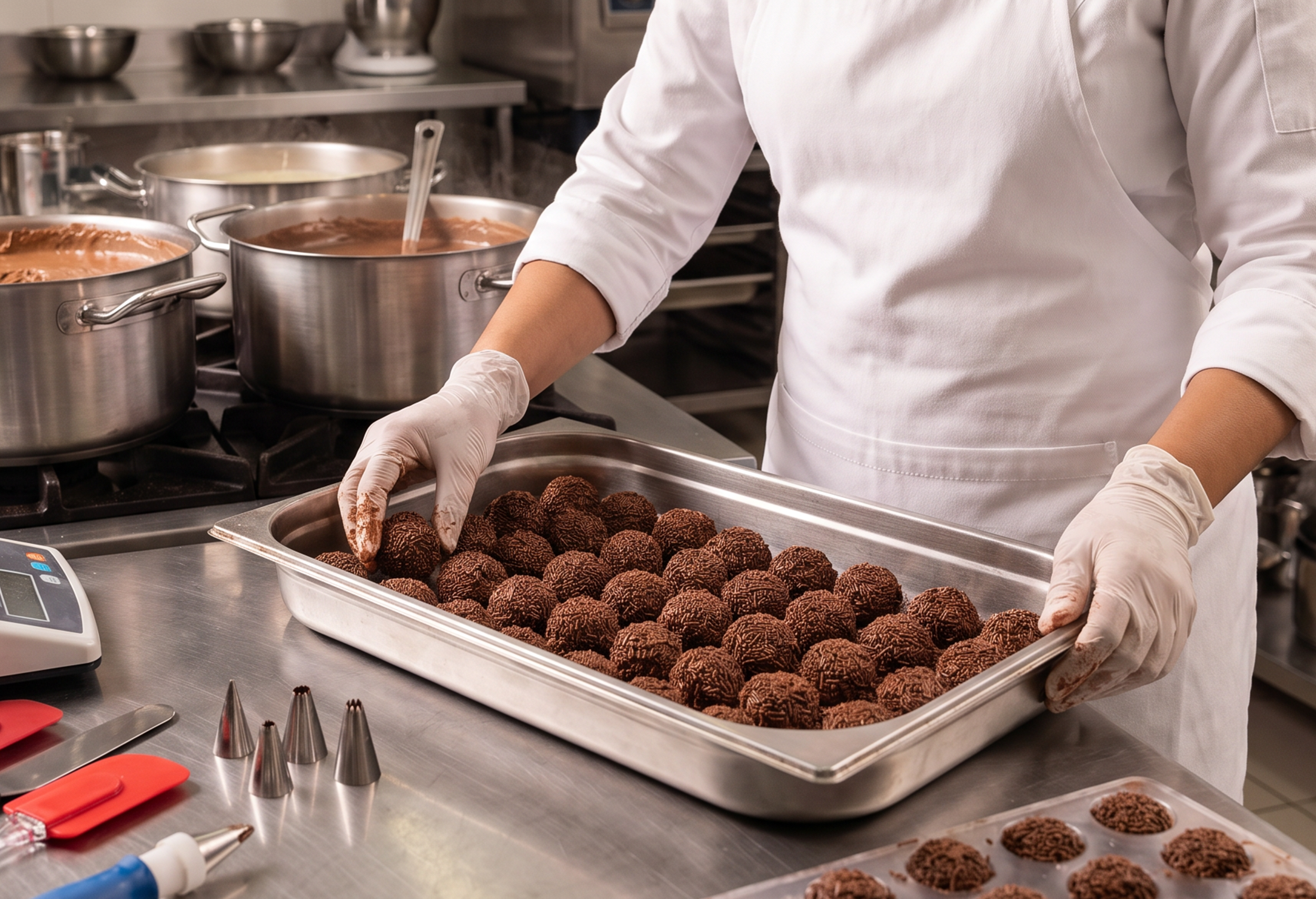 Profissional de confeitaria espalhando massa de brigadeiro quente em assadeira para resfriamento