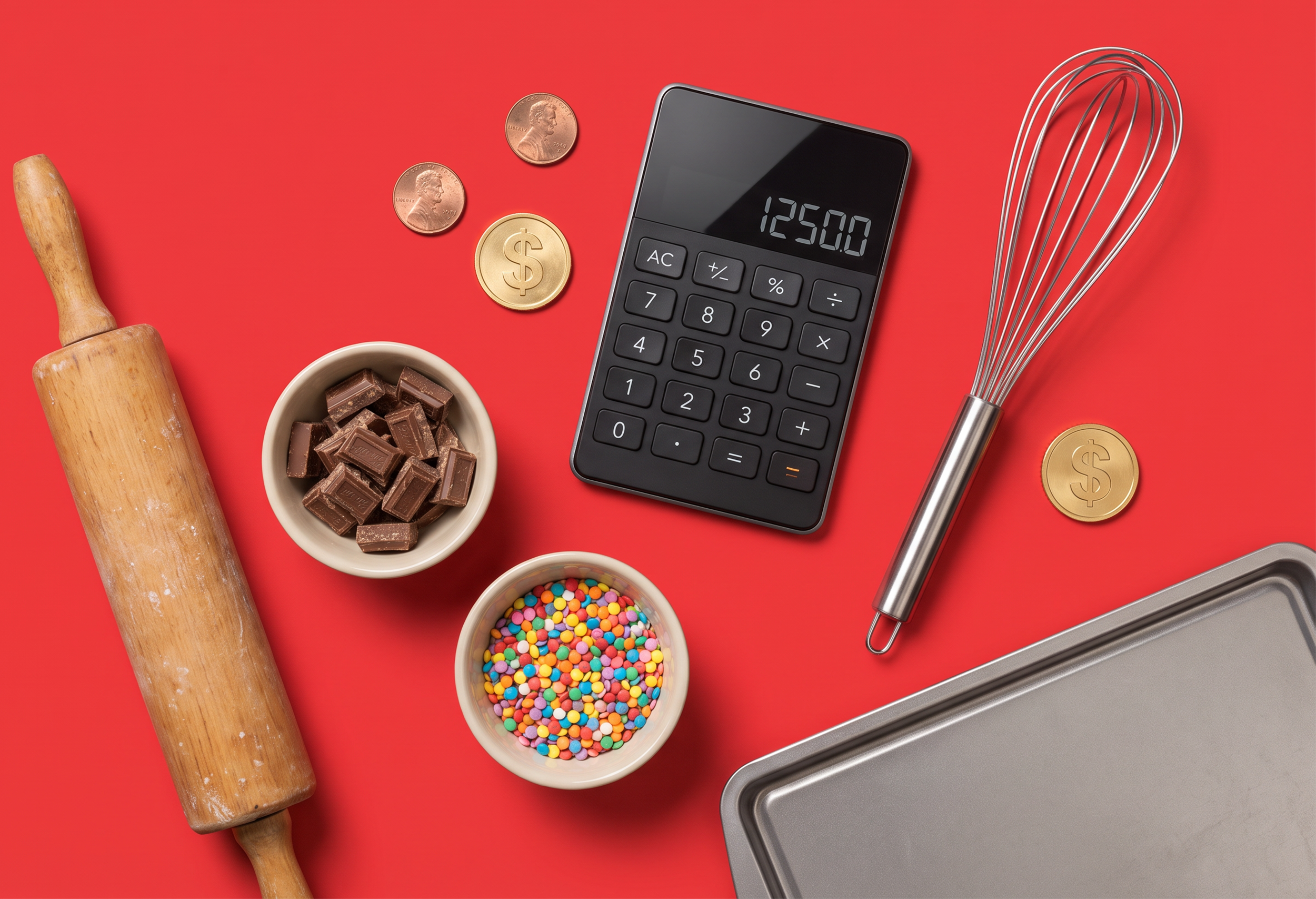 Calculadora, utensílios e ingredientes de cozinha organizados sobre bancada