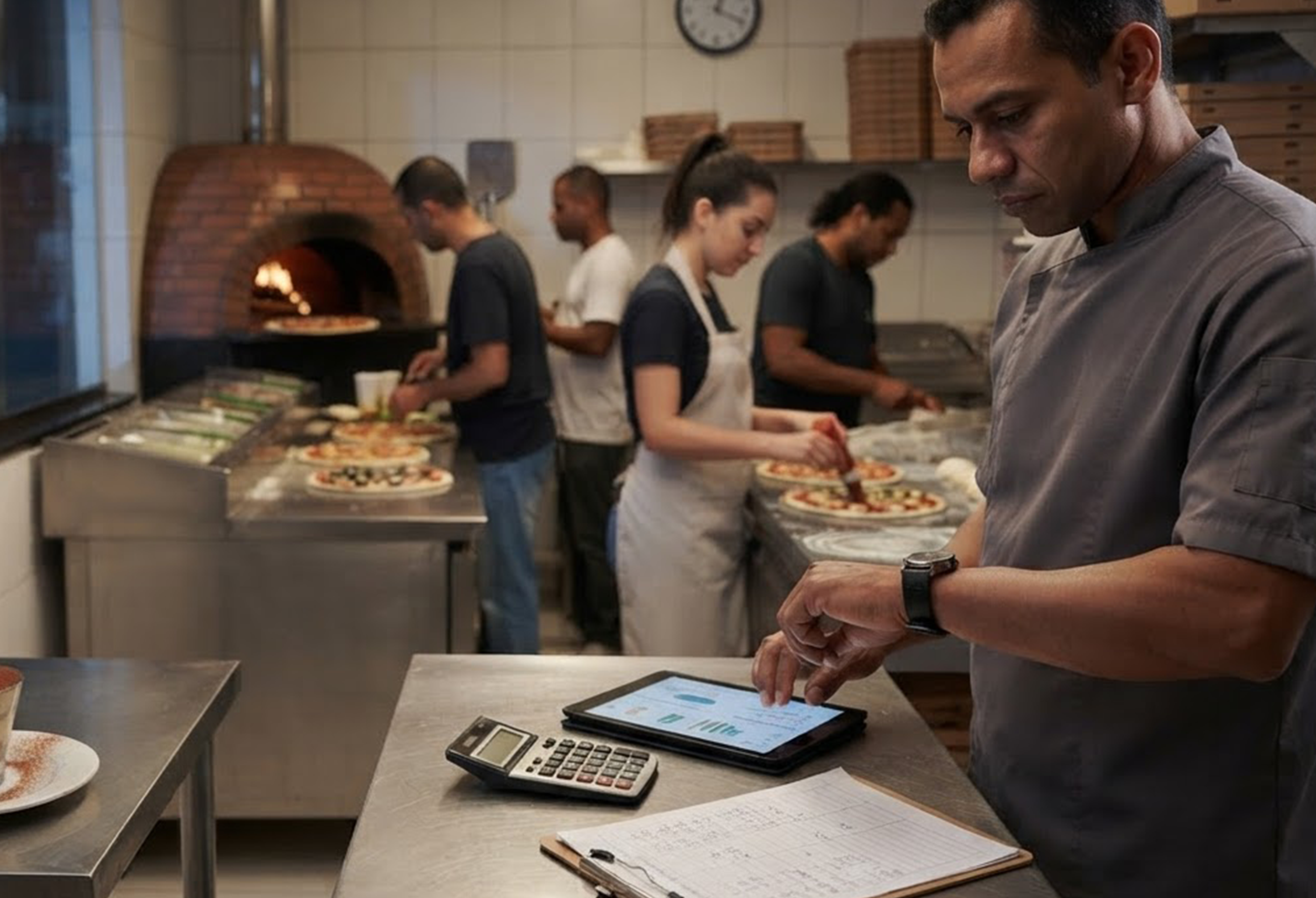 Bancada de montagem de pizzaria durante o horário de pico com área separada para finalização de sobremesa