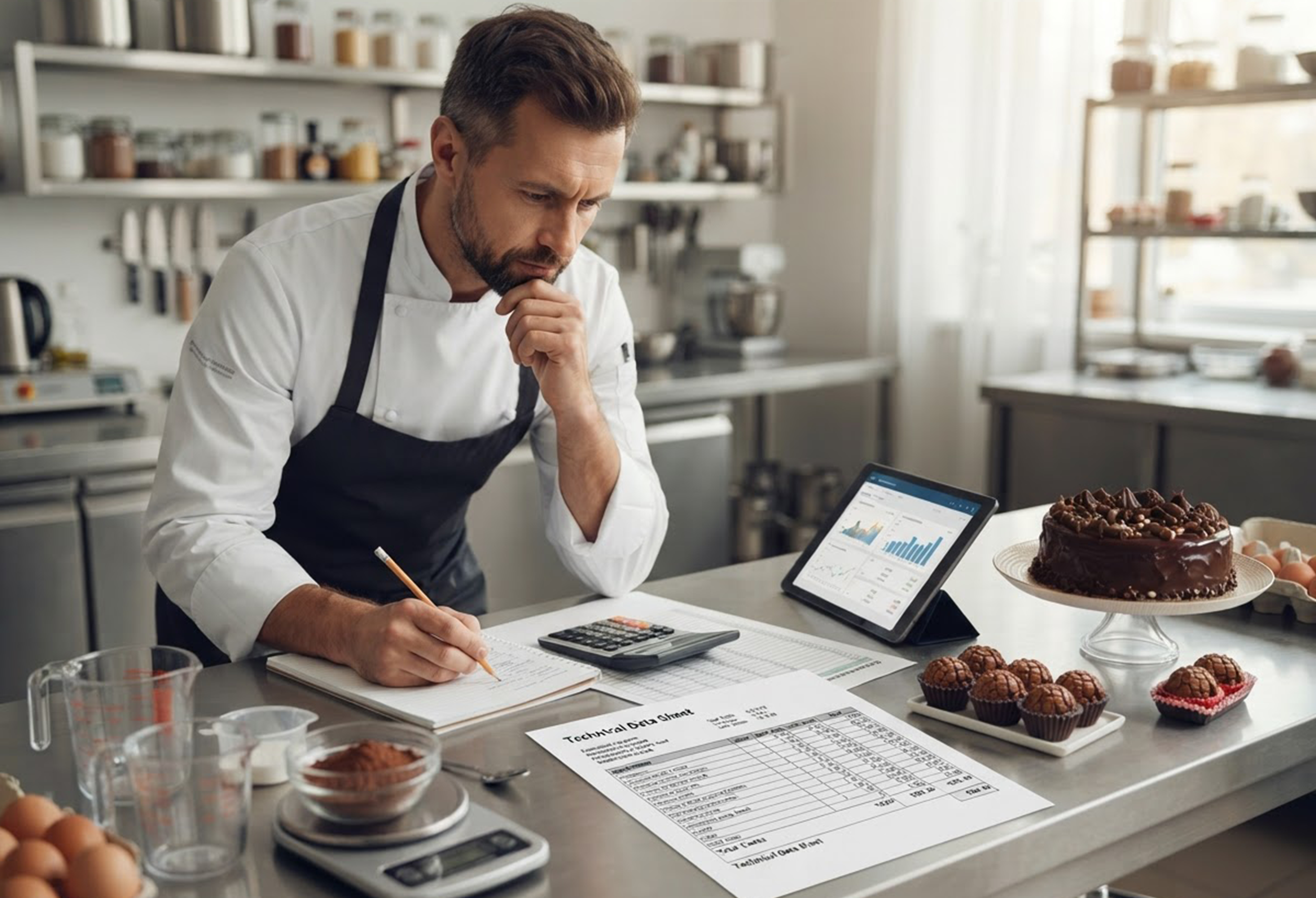Calculadora, ficha técnica impressa e balança sobre a bancada durante o cálculo de custo de um produto.