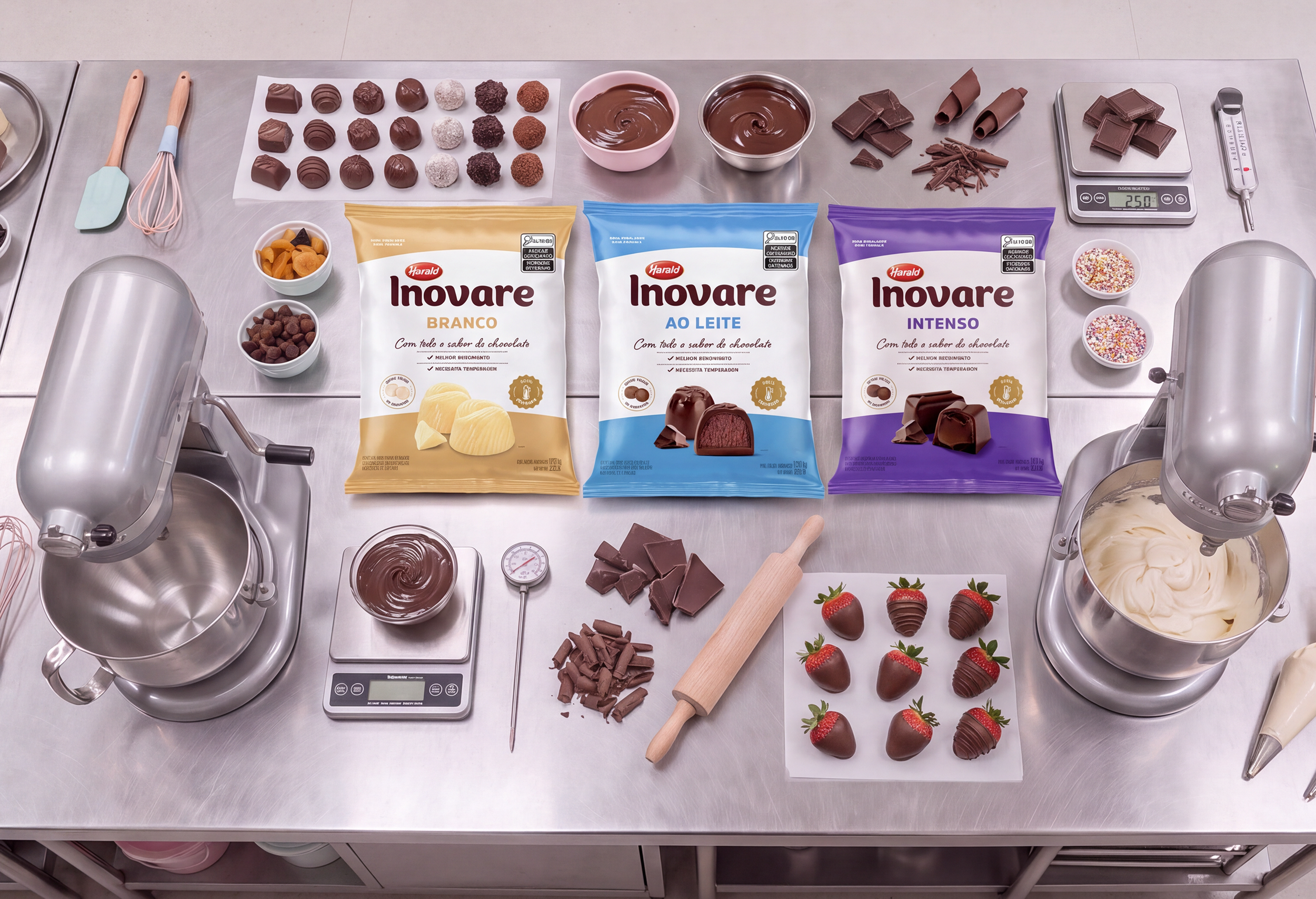 Embalagens de cobertura Inovare Harald com bombons e doces sobre bancada clara