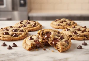 Cookies assados com gotas inteiras visíveis ao lado de uma tigela de gotas forneáveis na bancada da padaria.