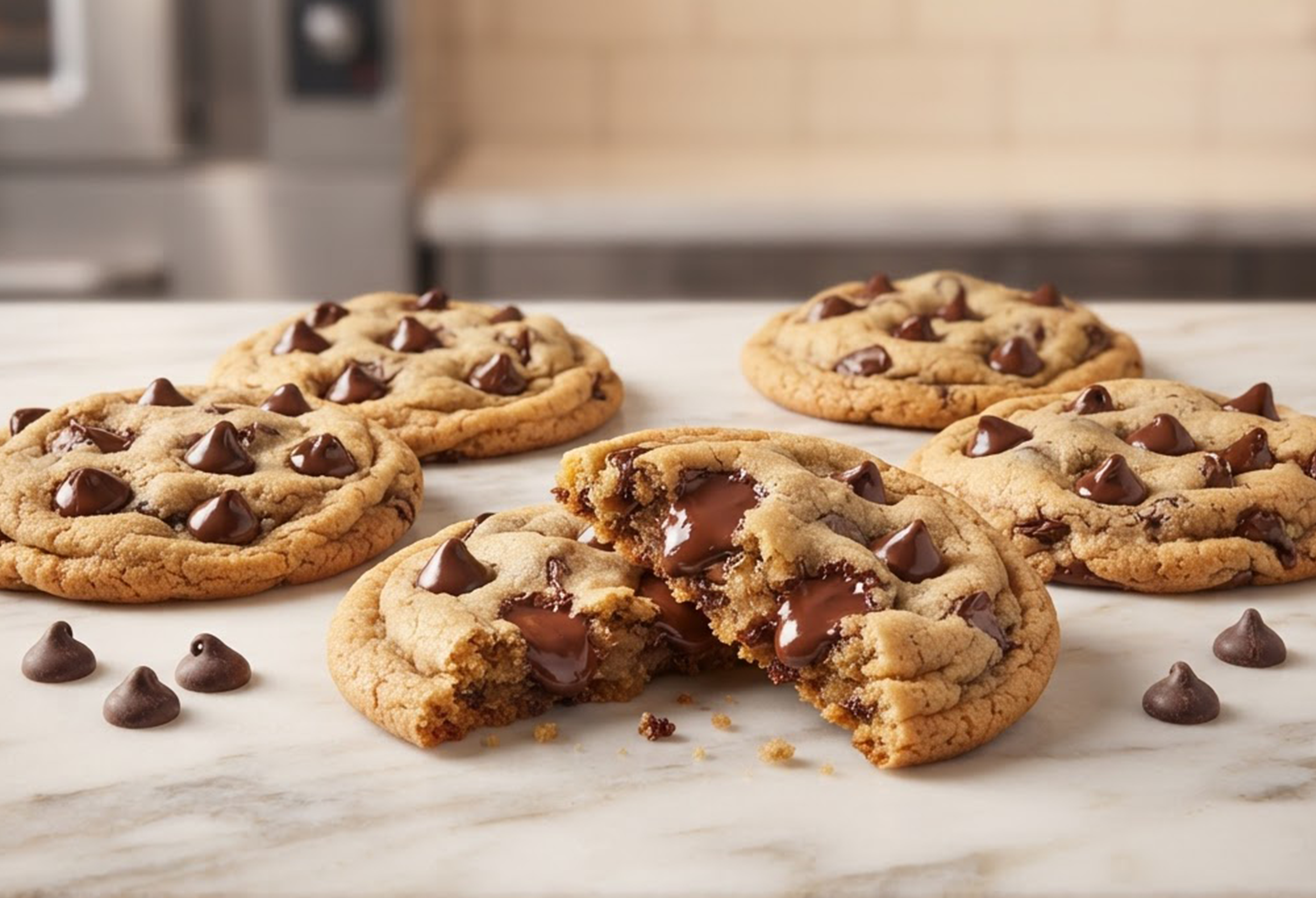 Cookies assados com gotas inteiras visíveis ao lado de uma tigela de gotas forneáveis na bancada da padaria.