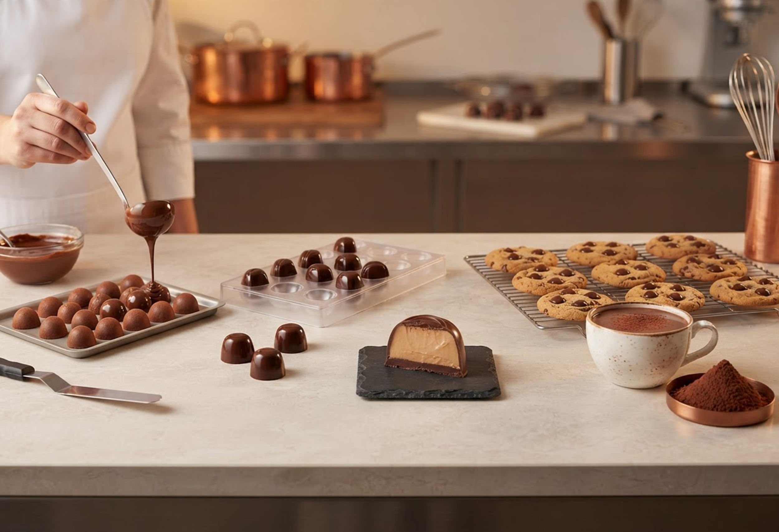 Bancada de cozinha profissional com barras, gotas, recheio e chocolate em pó organizados por aplicação.