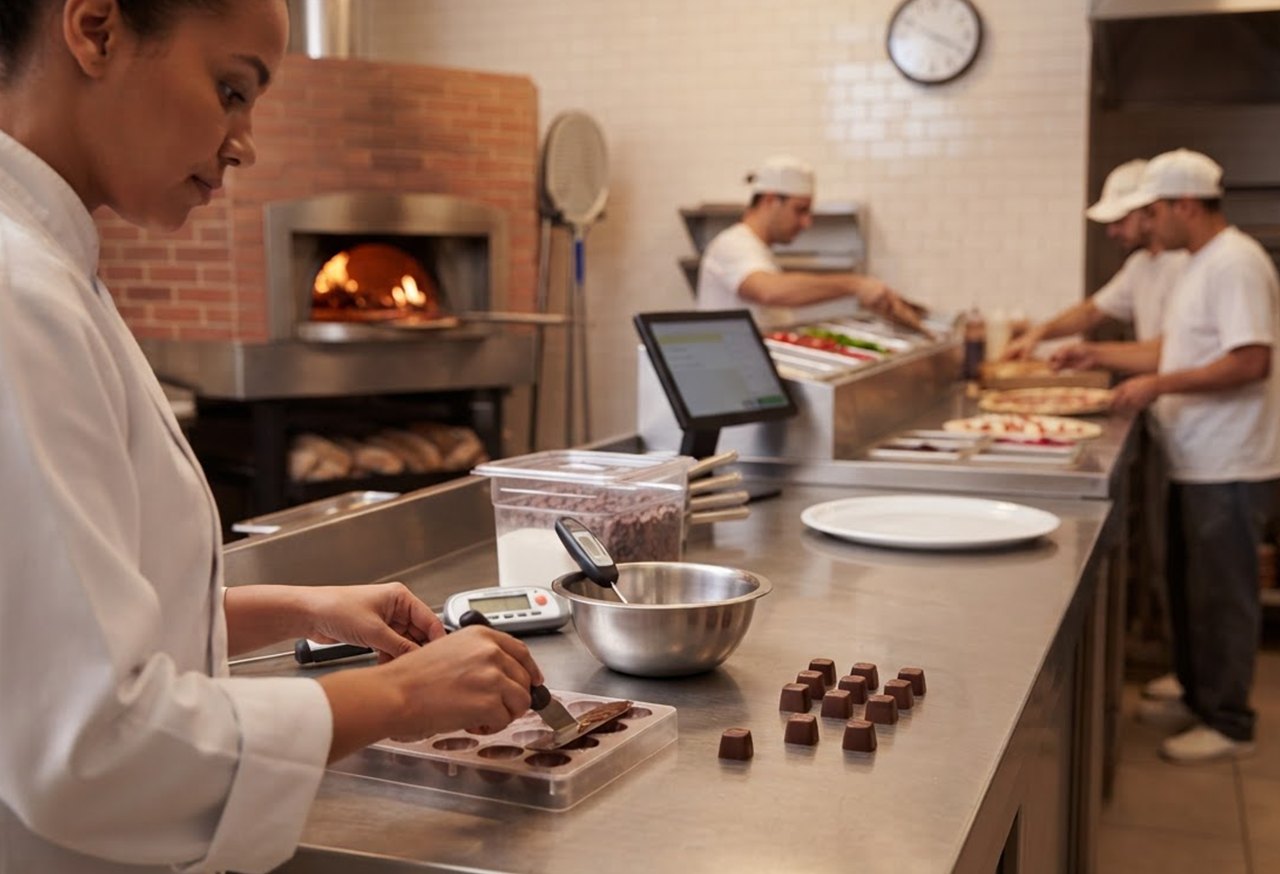 Termômetro culinário medindo a temperatura do chocolate derretido sobre bancada de mármore em ateliê de confeitaria