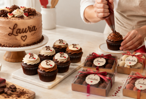 Confeiteira finalizando doces personalizados com nomes e iniciais, representando a busca por produtos exclusivos