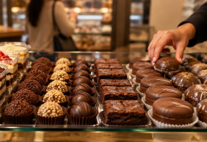 Vitrine com bolos de pote, trufas, brigadeiros e brownies em porções individuais para venda no dia a dia