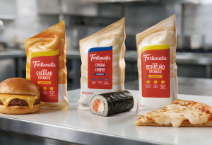 Embalagens dos recheios salgados Fortunata ao lado de pizza, hambúrguer e sushi preparados com os produtos