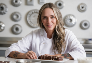 Chef Carole Crema em uma bancada de confeitaria, anunciada como nova parceira de conteúdo da Harald