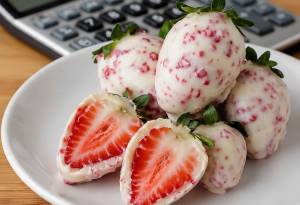Morangos cravejados em embalagem de delivery ao lado de um caderno de anotações, remetendo ao cálculo do preço de venda