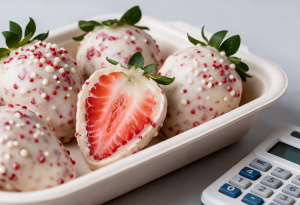 Morangos cravejados em embalagem de delivery ao lado de um caderno de anotações, remetendo ao cálculo do preço de venda