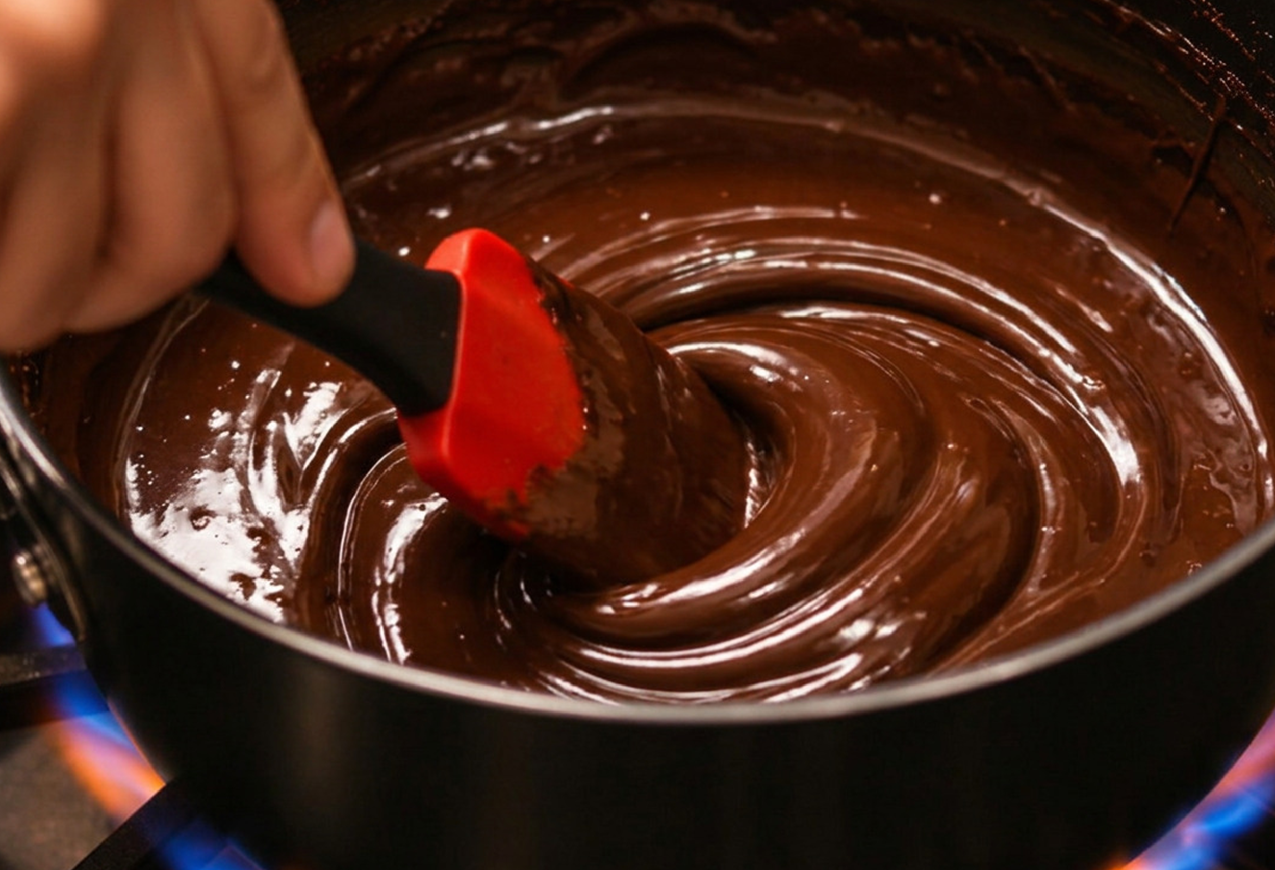 Confeiteiro derretendo chocolate picado em grande quantidade numa derretedeira, medindo a temperatura