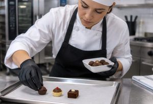 Confeiteira finalizando trufas com cobertura de pistache em um lote pequeno de teste na bancada