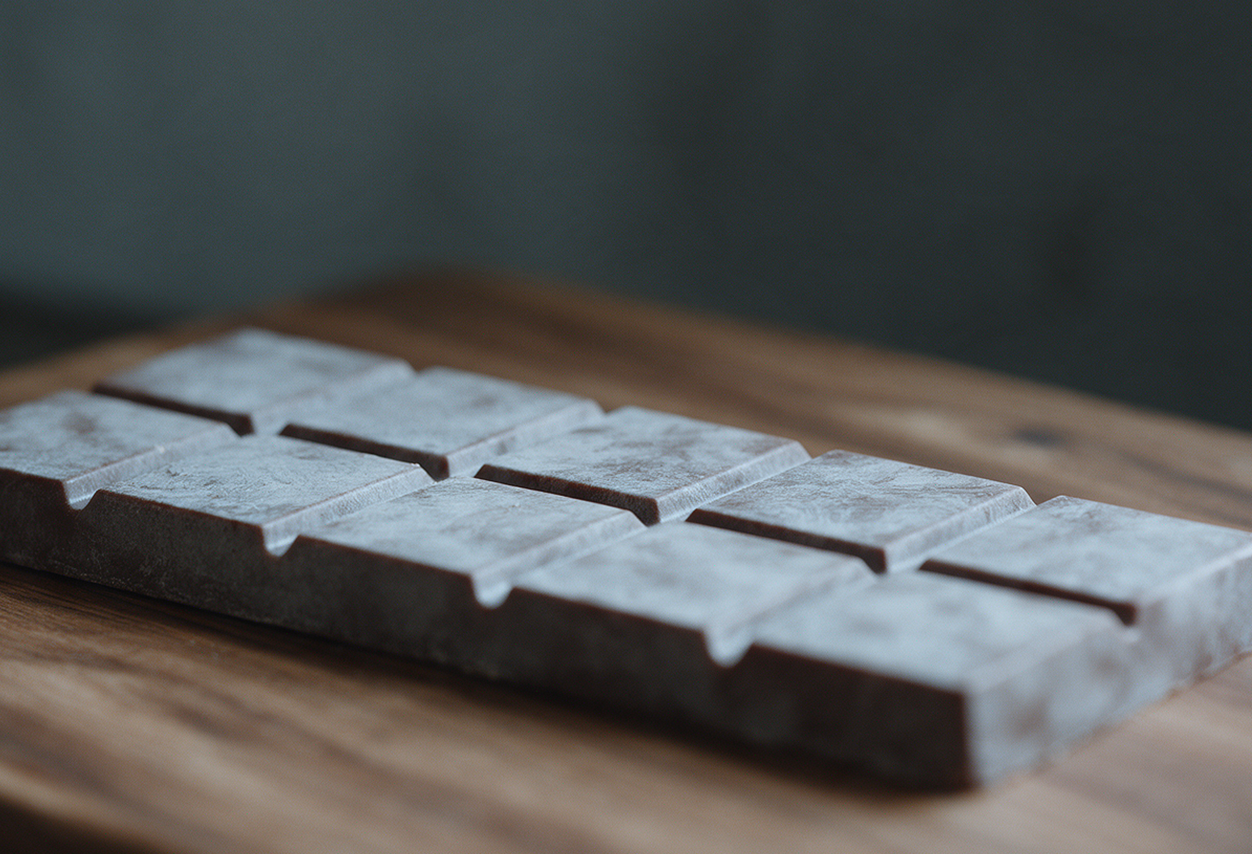 Barra de chocolate com manchas esbranquiçadas de fat bloom na superfície, sem brilho